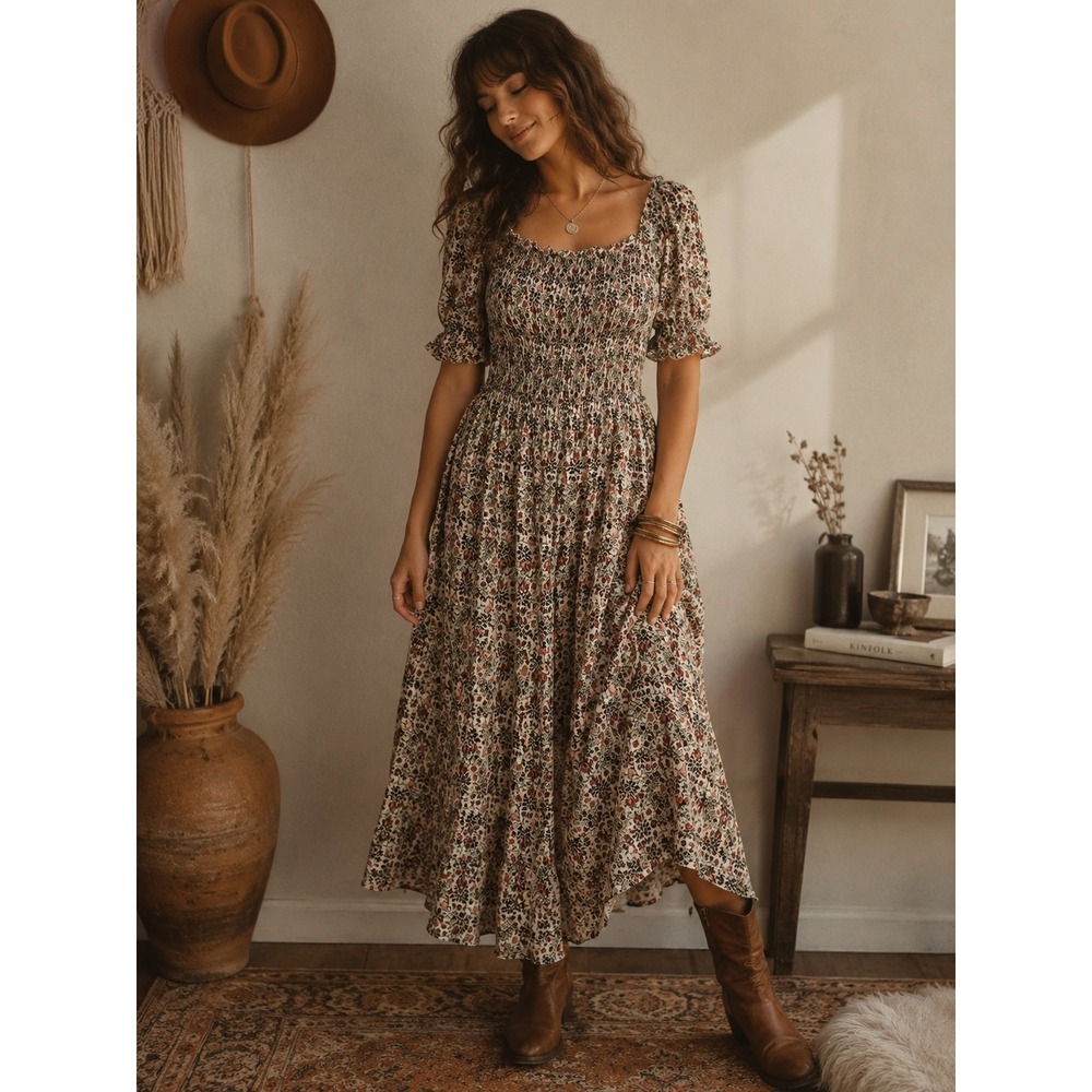 Max Studio Floral Smocked Tiered Midi Dress L Square Neck Boho